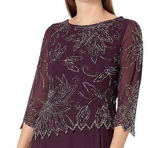 J Kara Women's Floral Beaded Pattern Asymetrical Mock Flare Dress